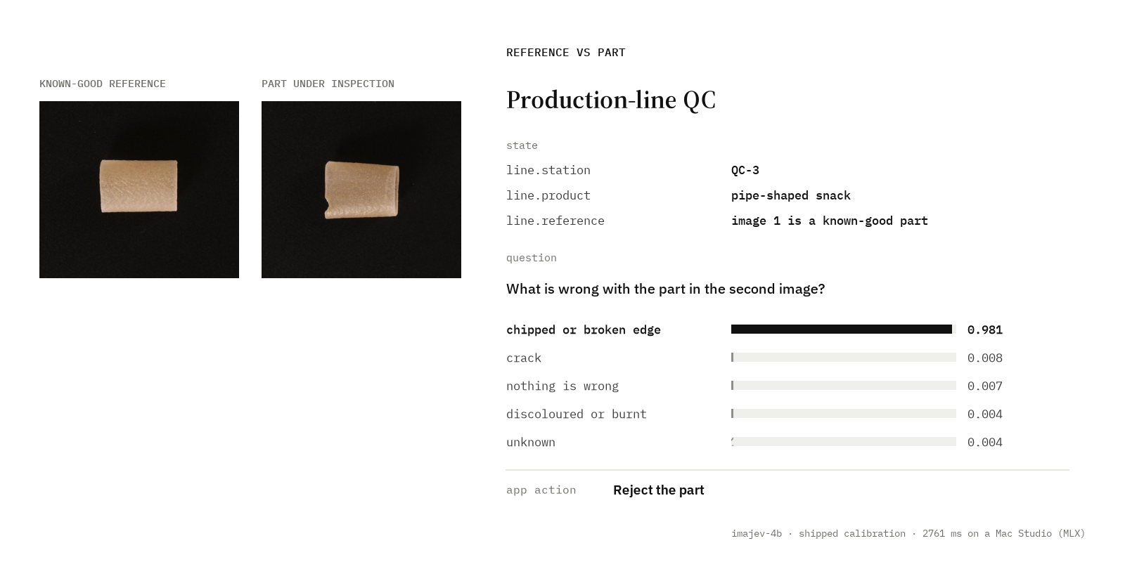 Production-line QC: a known-good part next to the part under inspection; chipped or broken edge 0.981; the app rejects the part